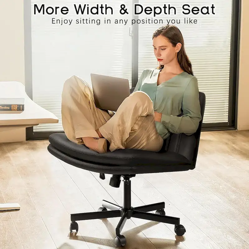 Cross Chair with Wheels,PU Leather Armless Cross Legged Office chair, Adjustable Wide Seat Task Vanity Chair