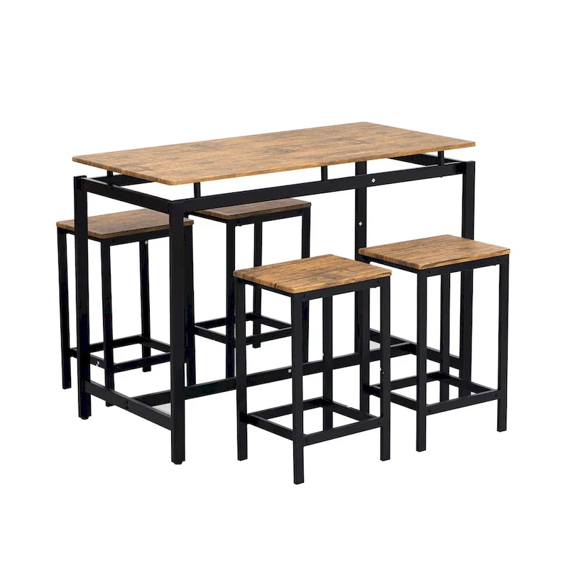 5-Piece Industrial Bar Table Set with Rectangular Table & 4 Chairs