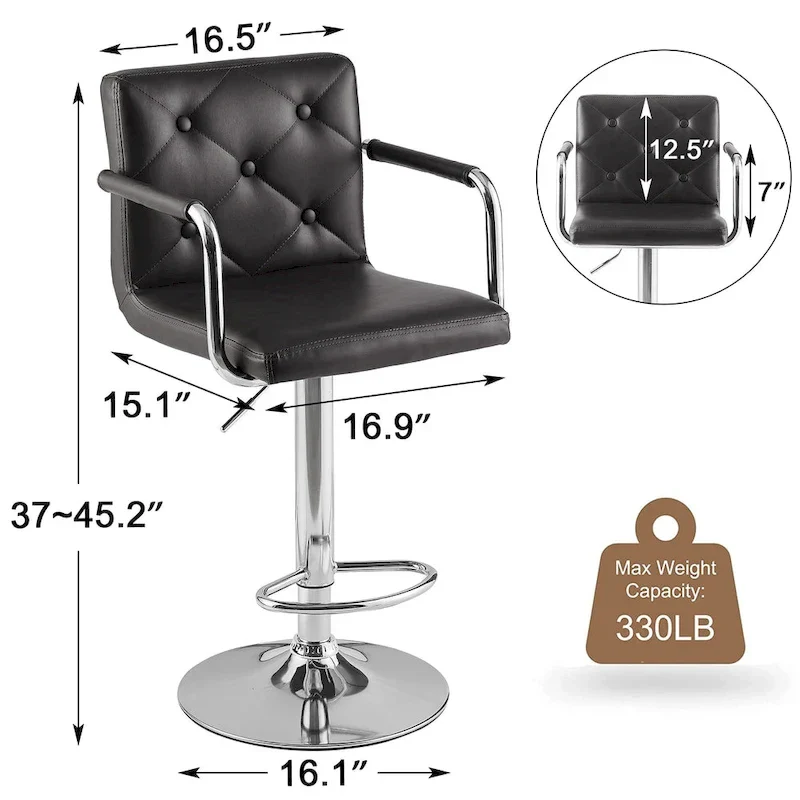 Set of 2 Adjustable Swivel Bar Stools, PU Leather with Arms & Back – White / Black / Dark Grey / Grey / White+Brown