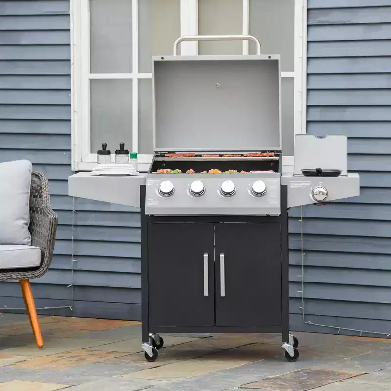52 Barbecue Grill with Wheels 4+1 Burner Liquid Propane Gas Grill Outdoor Cabinet Style BBQ Trolley w/ Side Burner, Warming Rack, Storage Cabinet