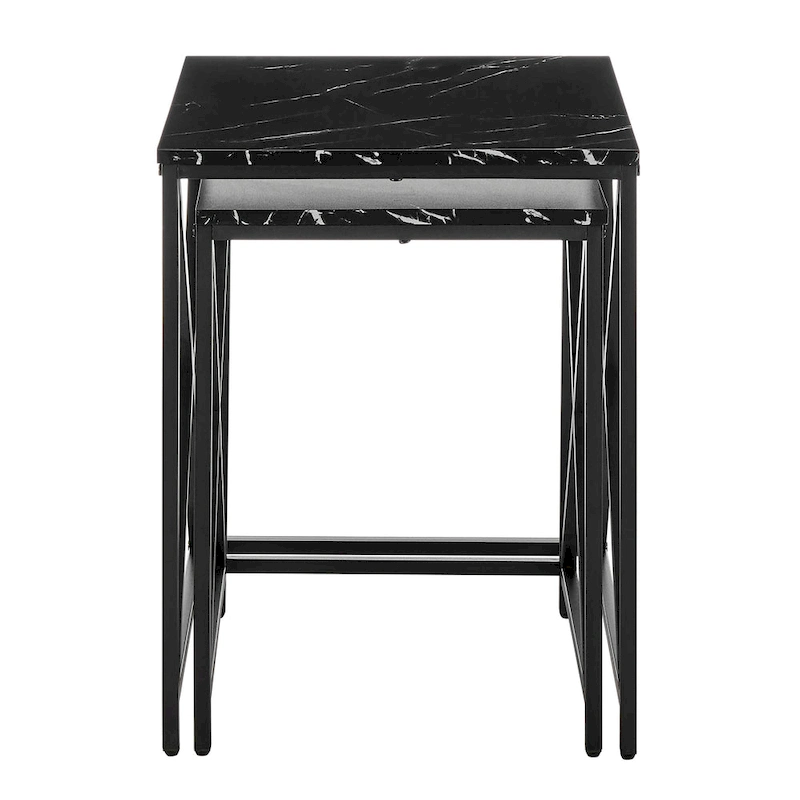 Modern Square Marble Finish Veneer Top Black Metal Frame Nesting End Tables - Set of 2
