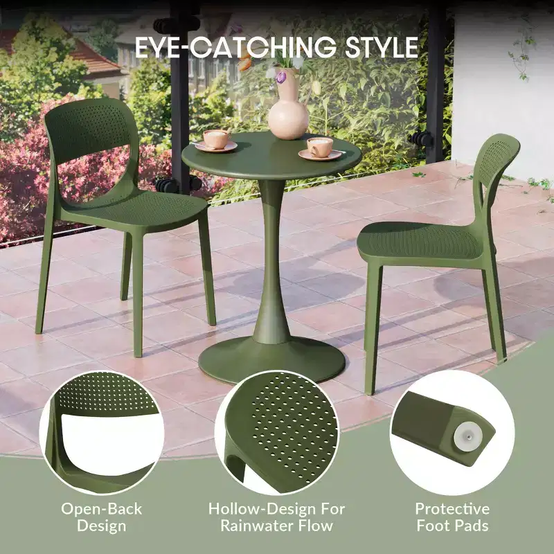 WestinTrends Playa 3-Piece Round Metal Bistro Dining Table Set And Stackable Resin Patio Dining Side Chairs