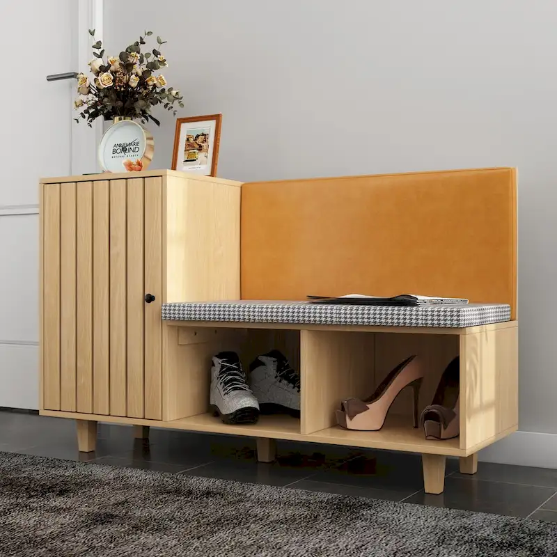 Natural Wood Finish Shoe Cabinet with Houndstooth Bench Seat & PU Backrest – 1-Seat