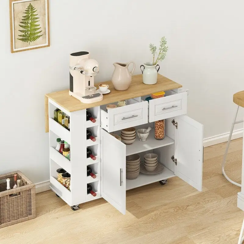 Kitchen Island Cart with Drop Leaf, Wine Rack, Spice Rack, 2 Doors & 2 Drawers