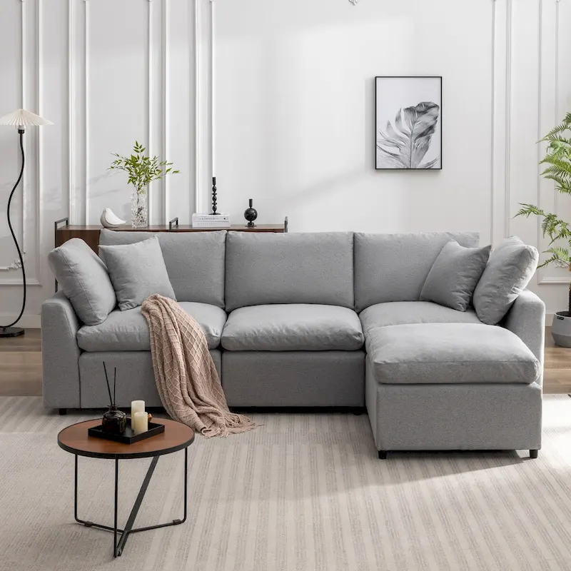 Luxurious Down-Filled L-Shaped Sectional Sofa with Reversible Chaise, Light Gray