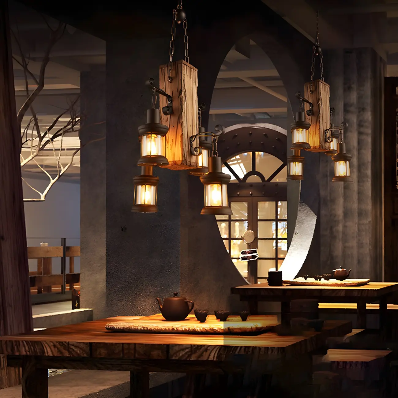 Industrial Farmhouse Metal Wood Rectangular Chandelier