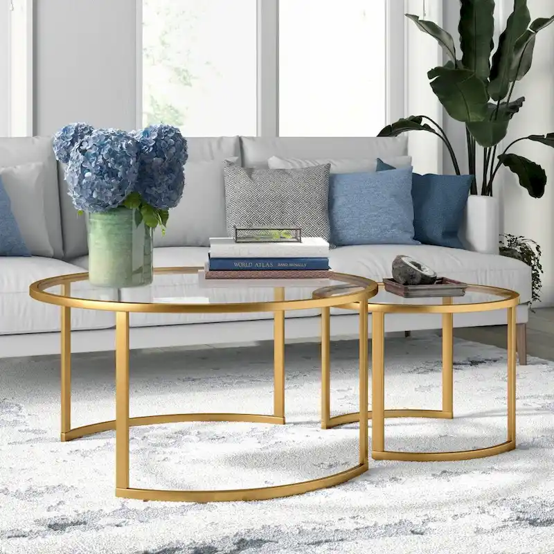 Set of 2 36 Glass And Steel Round Nested Coffee Tables - 36 x 36 x 18