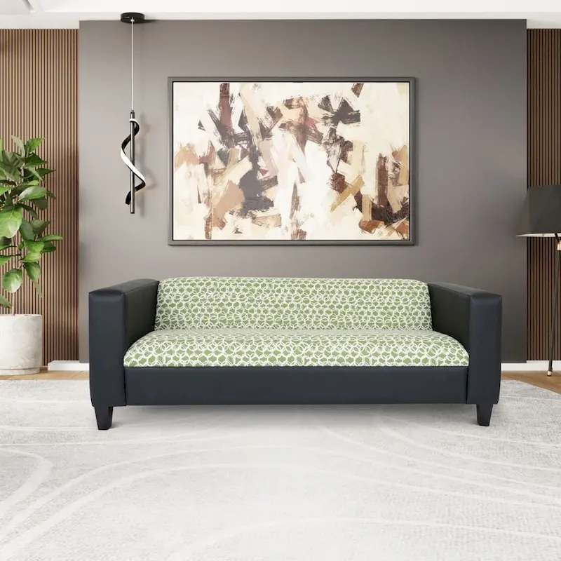 Mid-Century Modern 3-Seater Sofa, Faux Leather with Solid Wood Frame