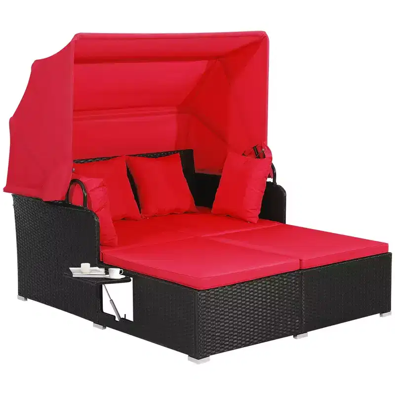 Costway Patio Rattan Daybed Lounge Retractable Top Canopy Side Tables Cushions Off White/Red/Turquoise/Beige