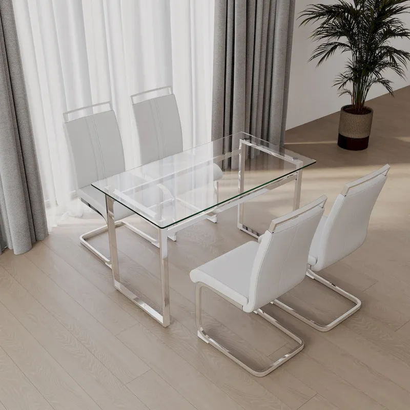 Modern 5-Piece Dining Set with Rectangular Glass Table & High Back Silver-Plated Legs Dining Armless Chairs
