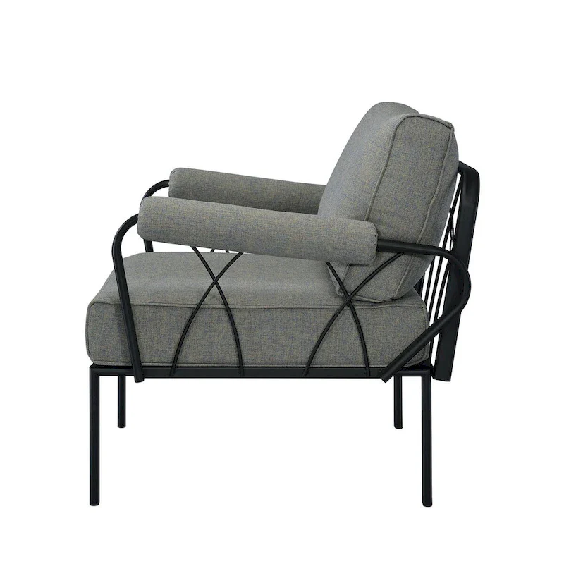 Patio Furniture Set: Armless Chair, Arm Chair, and Ottoman in Gray Fabric & Black Finish