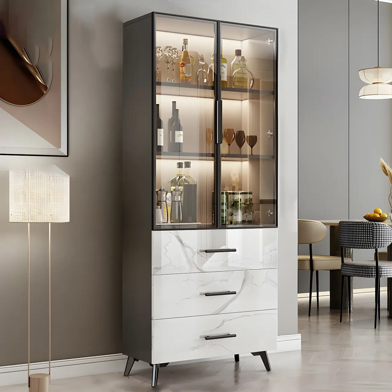 Modern Gold White Marble-Textured Wood Glass Versatile Cabinet