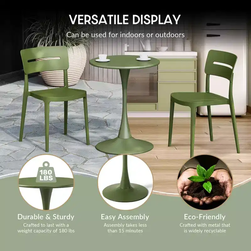 WestinTrends Playa 3-Piece Round Metal Bistro Dining Table Set And Stackable Resin Patio Dining Arm Chairs