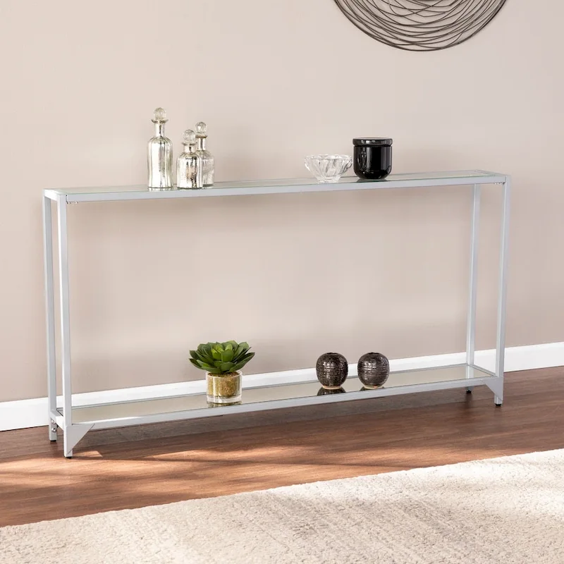 Silver/Black Narrow Metal Console Table with Glass Top, 2-Color Options