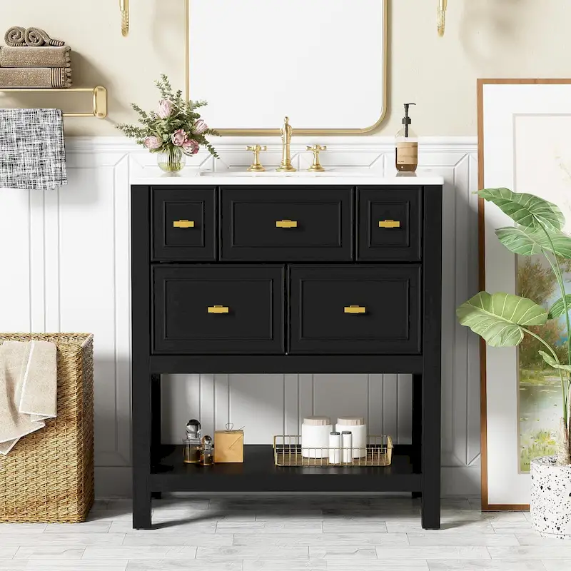 30 Bathroom Vanity with Ceramic Sink Combo, Free Standing Single Vanity Set with 5 Drawers