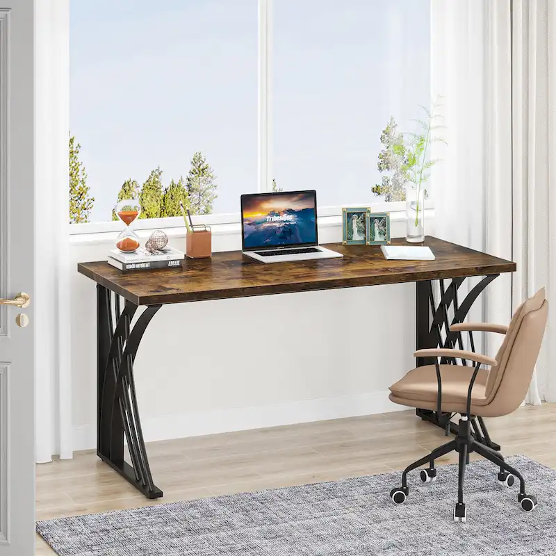 Modern Gold/White Computer Desk, 55 inch Dining Table with Gold Legs, Vanity Table, Conference Table