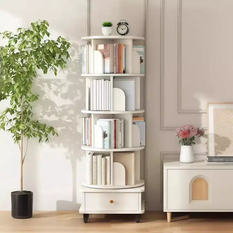 5 Tier 360 Rotating Bookshelf with Wheels & Drawer, Warm White Round Spinning Storage Tower, Space-Saving Design for Small Spaces