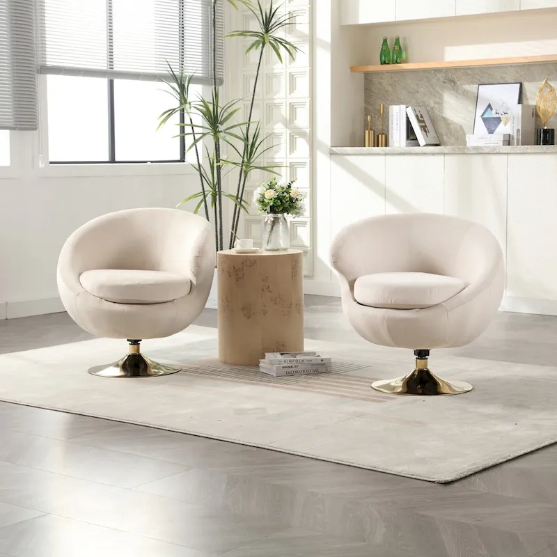 Velvet 360° Swivel Barrel Accent Chair with Ottoman, Set of 2 – Navy Blue / Olive Green / Beige / Grey / Rose Red