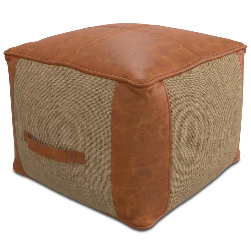 Boho Round Leather and Jute Pouf in Tan