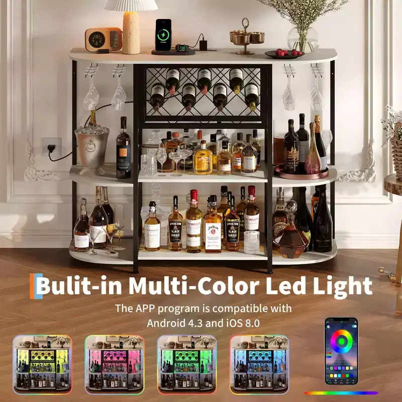 Home Bar Cabinet for Liquor,Bar Cart with Power Outlet, Metal Mini Bar Table with 4-Tier Storage, Wine Racks with Glass Holder Mini Bars for Home