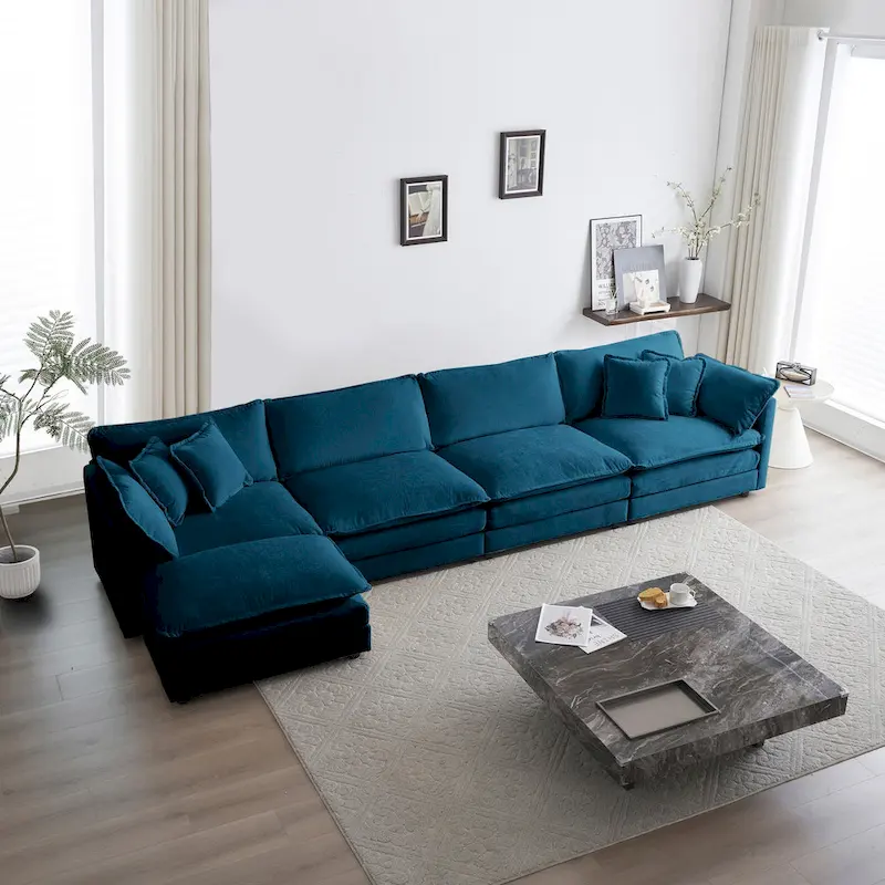 Modular U-Shaped Sectional Sofa - 5-Seater Convertible Couch with Ottoman, Blue Chenille Fabric, Solid Wood Frame, Living Room Furniture