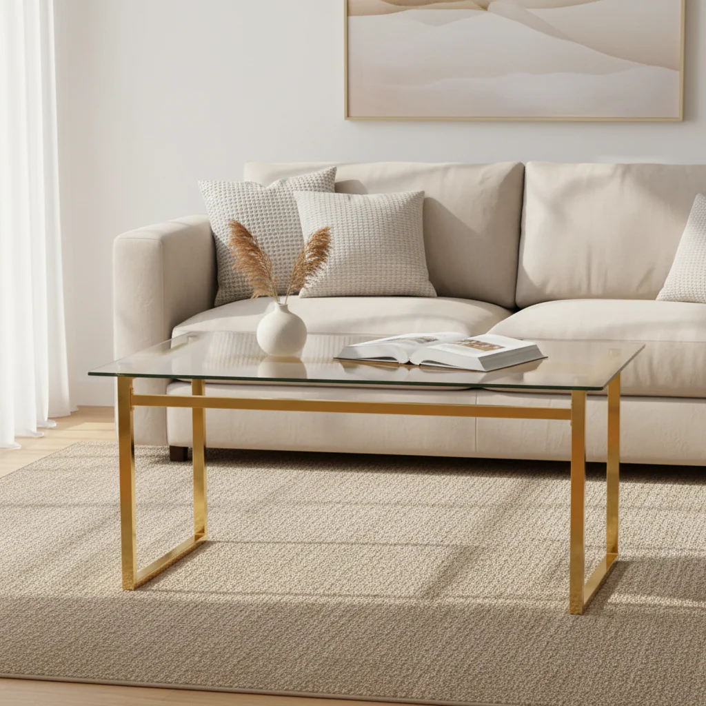 Gold Rectangular Tempered Glass Dining Table with Metal Legs, Seats 4–6