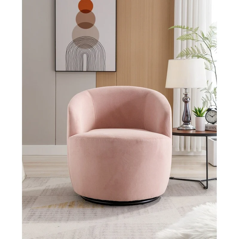 Velvet Fabric Swivel Barrel Chair with Black Powder Coating Metal Ring