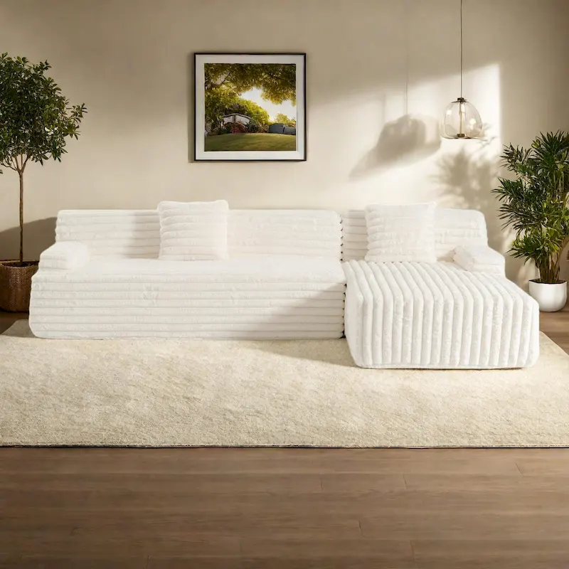 110 Faux Fur Cloud 3-Seater sat L-Shaped Sectional Sofa with Two Included Throw Pillows
