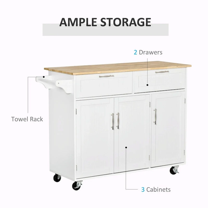 Mobile Kitchen Island with Wood Top, Drawers, Cabinets, Adjustable Shelves, and Towel Rack