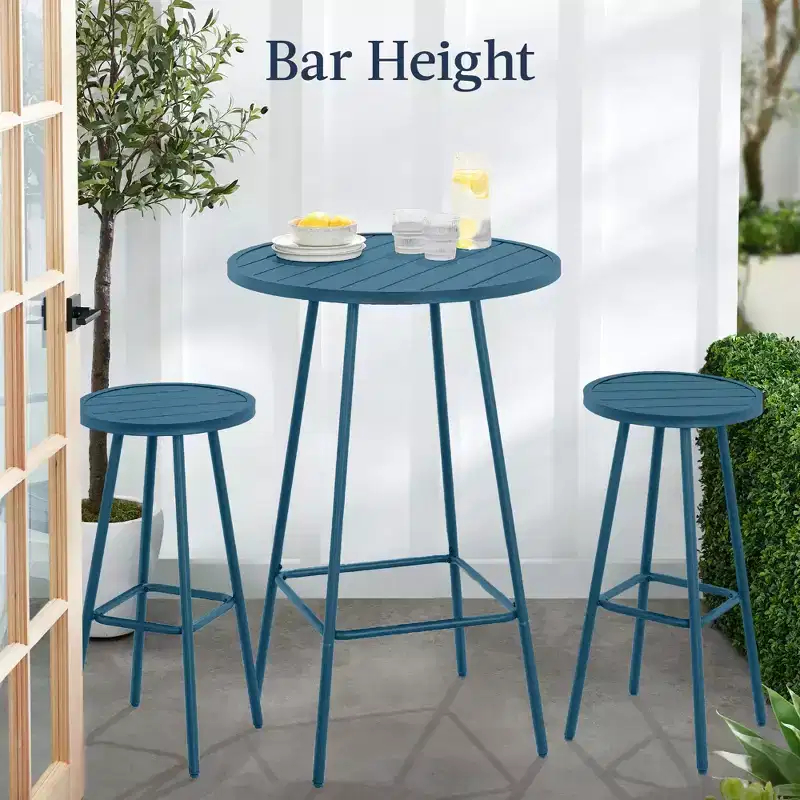 Best Choice Products 3-Piece Steel Patio Bar Height Round Bistro Set w/ Backless Stools, Slatted Design