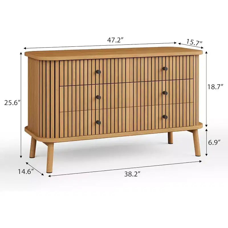 Garvee 47-Inch Small 6-Drawer Dresser with Metal Legs, Oak Wood Grain Farmhouse Style for Bedroom Nursery Apartment