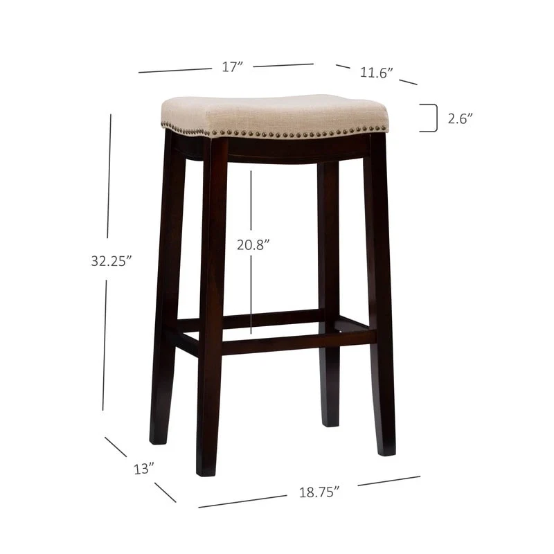 Beige Linen Backless Bar Stool with Nailhead Trim
