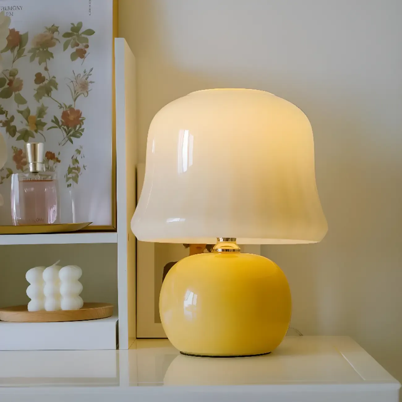 Plug-In Yellow Glass Mushroom Table Lamp for Bedside Lighting
