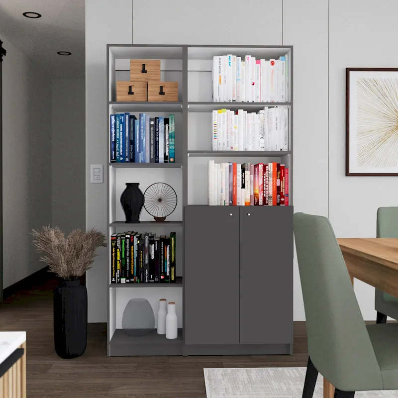 5-Shelf Narrow & 2-Door Cabinet Bookcase Set of 2 – Multi / Beige / Black / White
