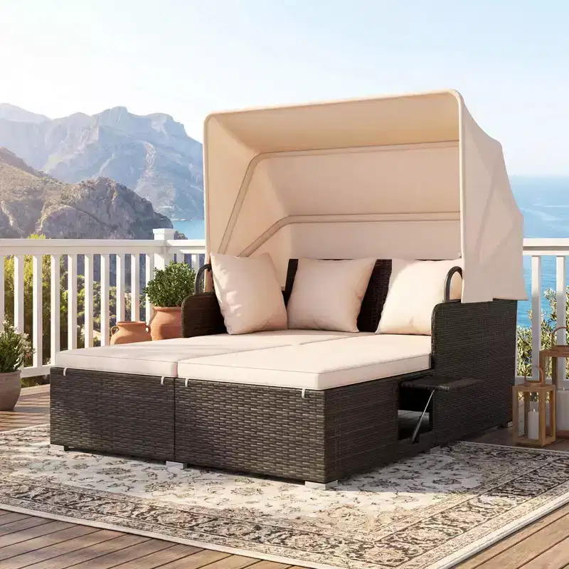 Costway Patio Rattan Daybed Lounge Retractable Top Canopy Side Tables Cushions Off White/Red/Turquoise/Beige