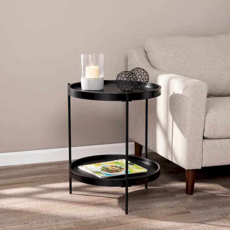 Round Wood Side Table with Metal Frame and Shelf