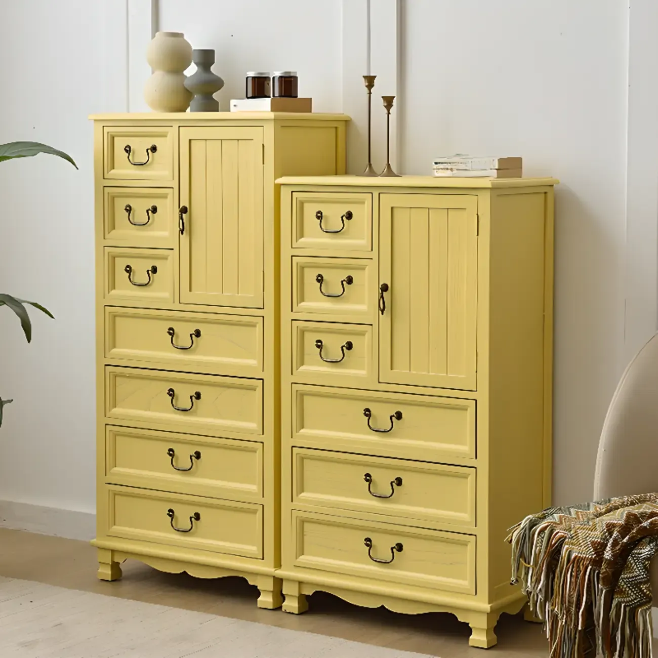 Rustic Wooden Yellow Storage Cabinet with Drawer Rings