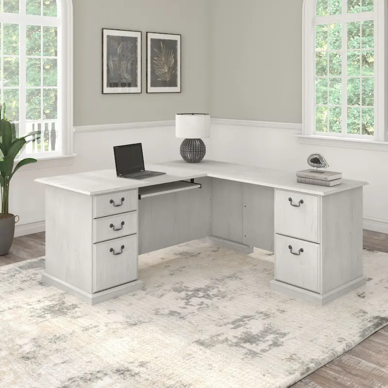 L-Shaped Computer Desk with Drawers, Harvest Cherry / Modern Gray / Linen White Oak, 1-Person