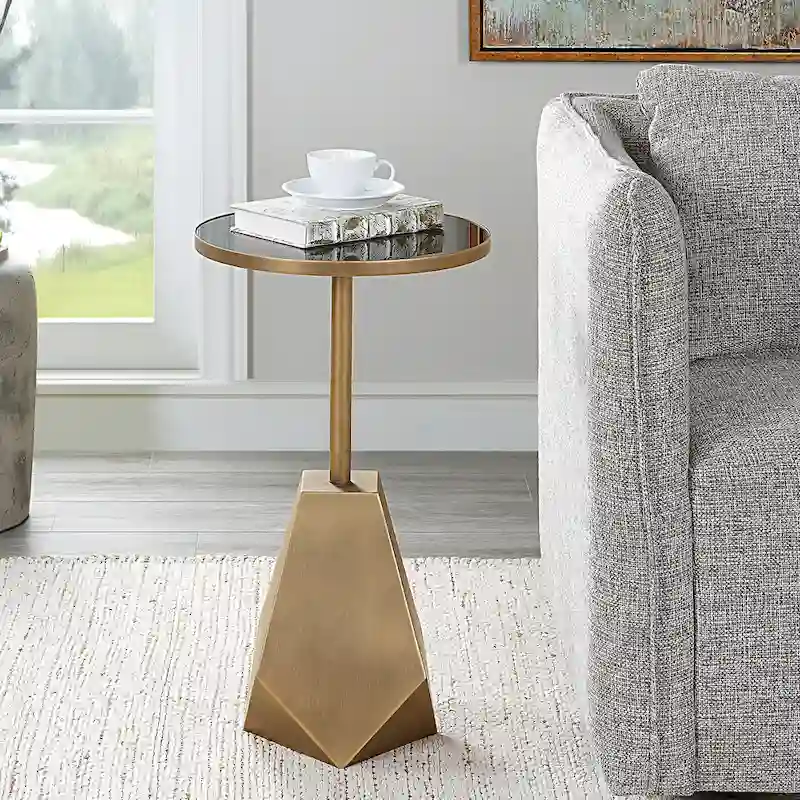 Geometric Antique Bronze Accent Table with Glass Top, Single