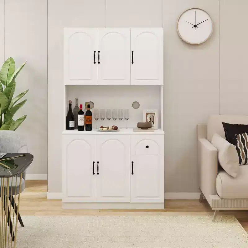 MAYEERTY White 71 Kitchen Pantry Cabinet, Microwave Countertop 6 Doors 1 Drawer Adjustable Shelves