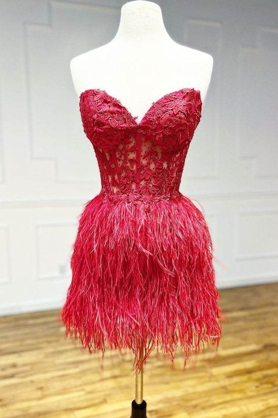 Sheath Sweetheart Lace Feather Skirt Homecoming Dress