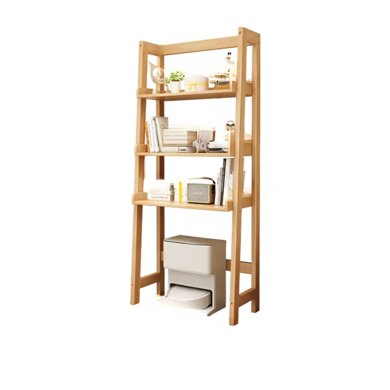 Narrow Modern Rubberwood Ladder Bookcase Open Back