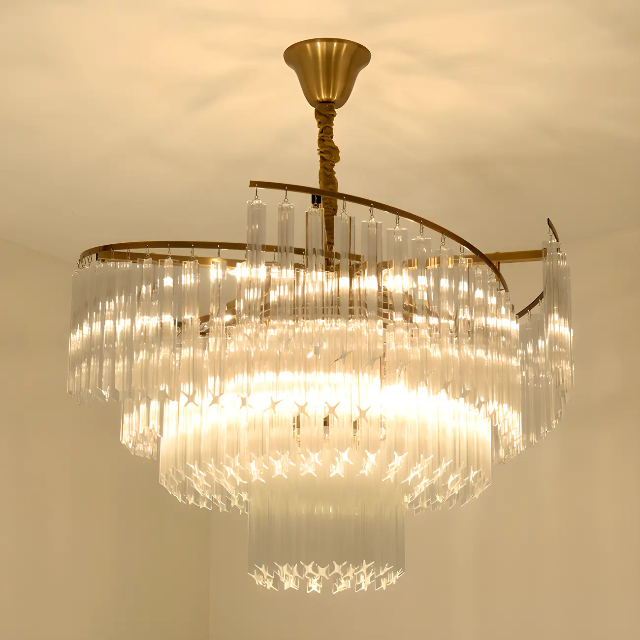Modern Tier Round Gold Crystal Chandelier Height Adjustable