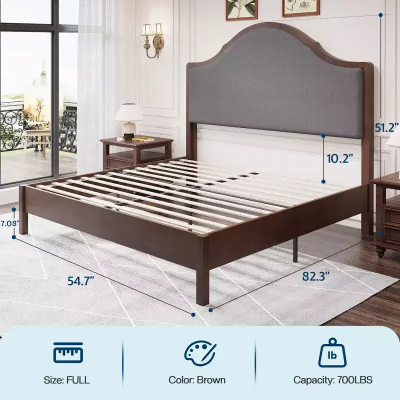 AMERLIFE Wood Bed Frame with Tall Upholstered Curved Headboard, Solid Wood Platform, No Box Spring Needed, Wood Slat Support