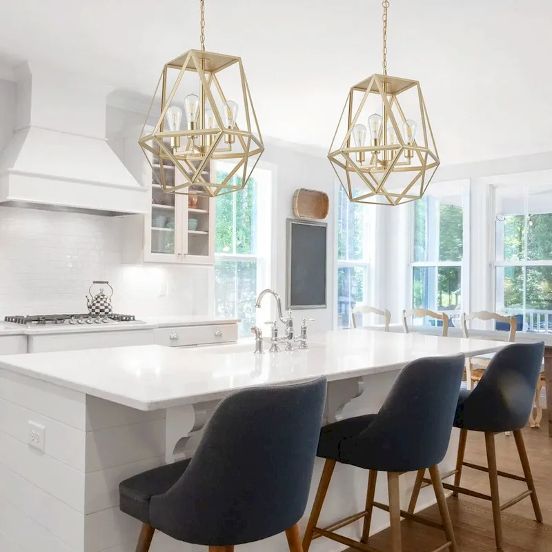 Industrial Painted Gold 4-Light Geometric Metal Frame Pendant Light