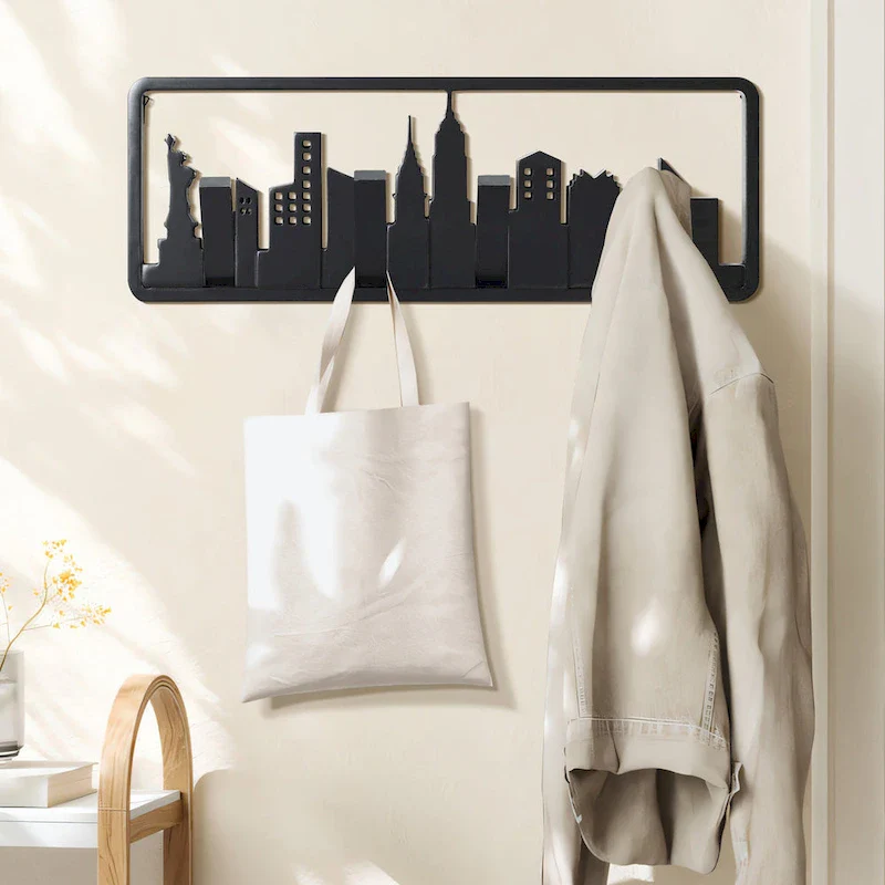 Black Wood 4-Hook Wall-Mounted Coat and Towel Rack - 22.3 Wide