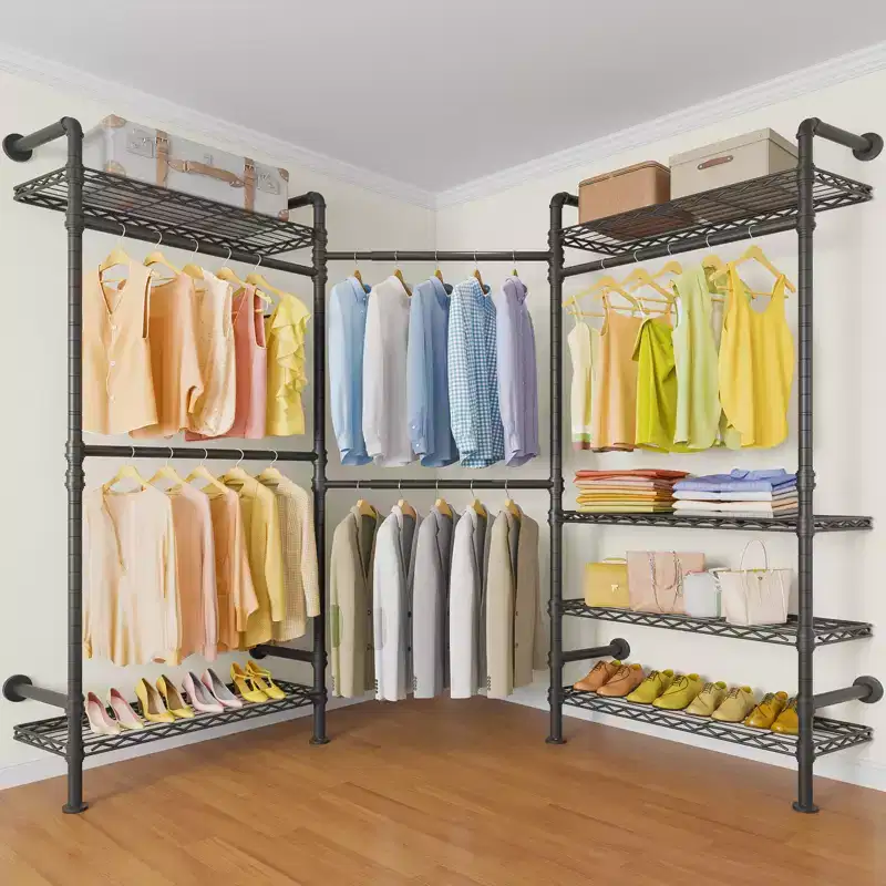Timate L3 L Shape Garment Rack Heavy Duty Industrial Pipe Wall Mounted Clothing Rack Storage Closet Kit