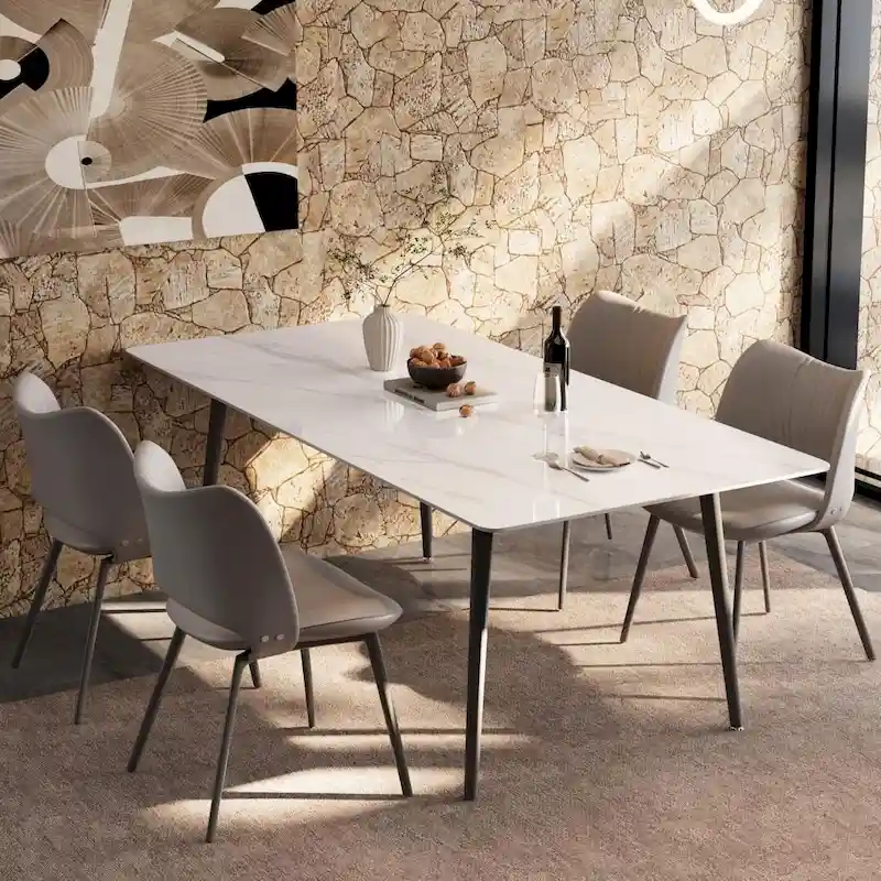 70.8 inch rectangular white kitchen dining table, with a sintered stone marble tabletop, metal legs