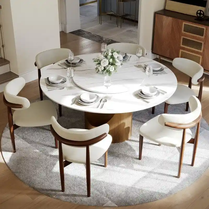 Modern Round Dining Table – White Sintered Stone Top & Bronze Carbon Pedestal
