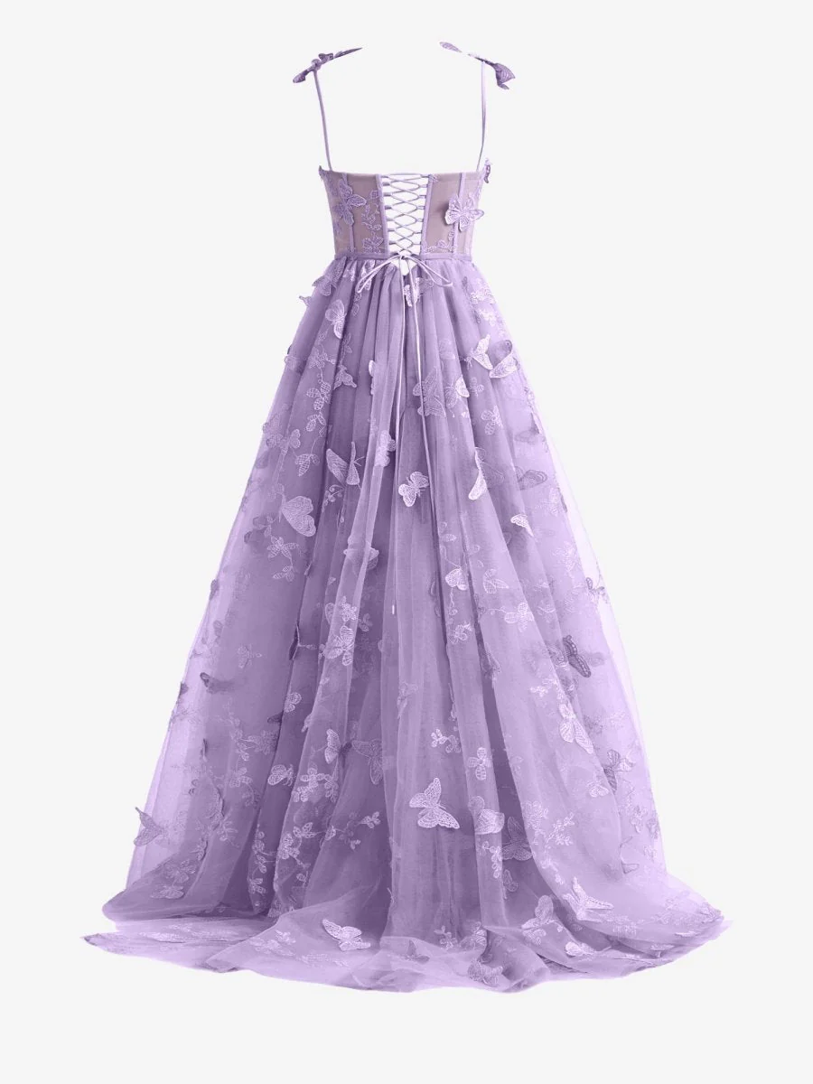 Light Purple A-line Butterfly Lace Lilac Corset Prom Dress with Slit
